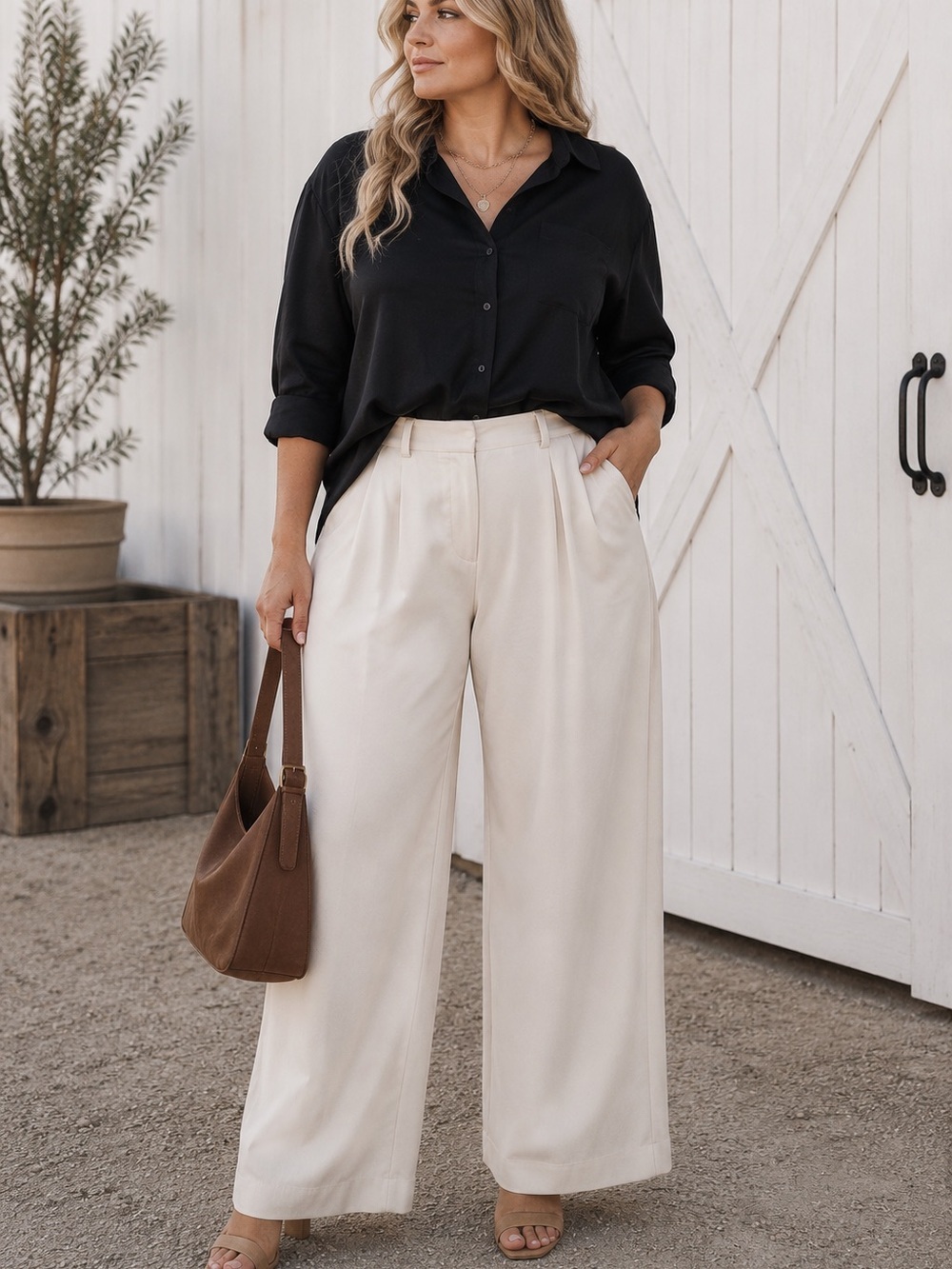 GREY by Jhoan Sebastian Wide Leg Cream Trousers Size 1X Minimalist Career Casual
